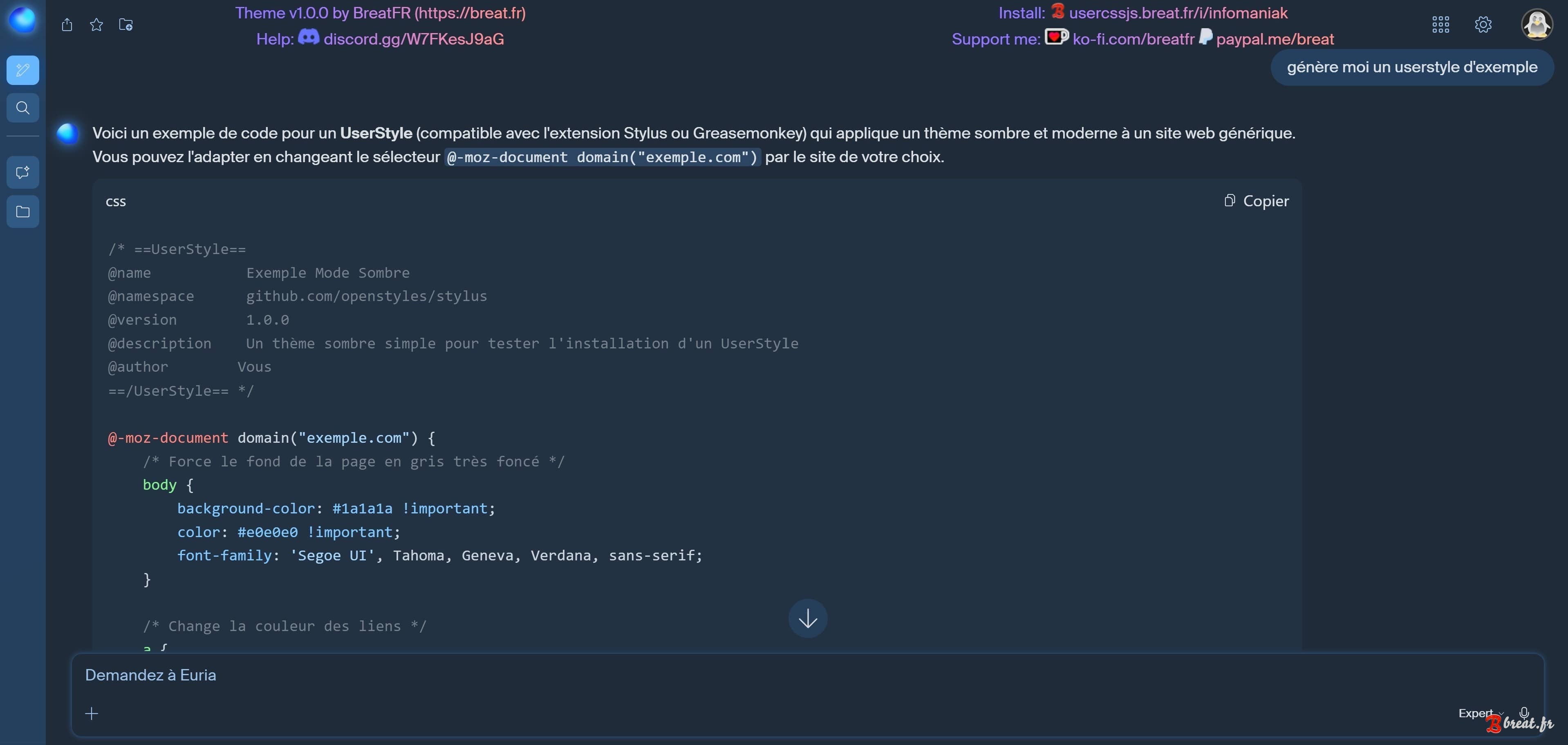 Aperçu du userstyle pour la page Euria d'Infomaniak