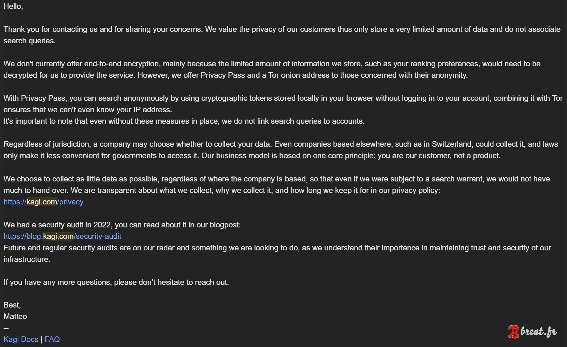 Original capture of Kagi's response on 2025-11-24 at 11:26 AM