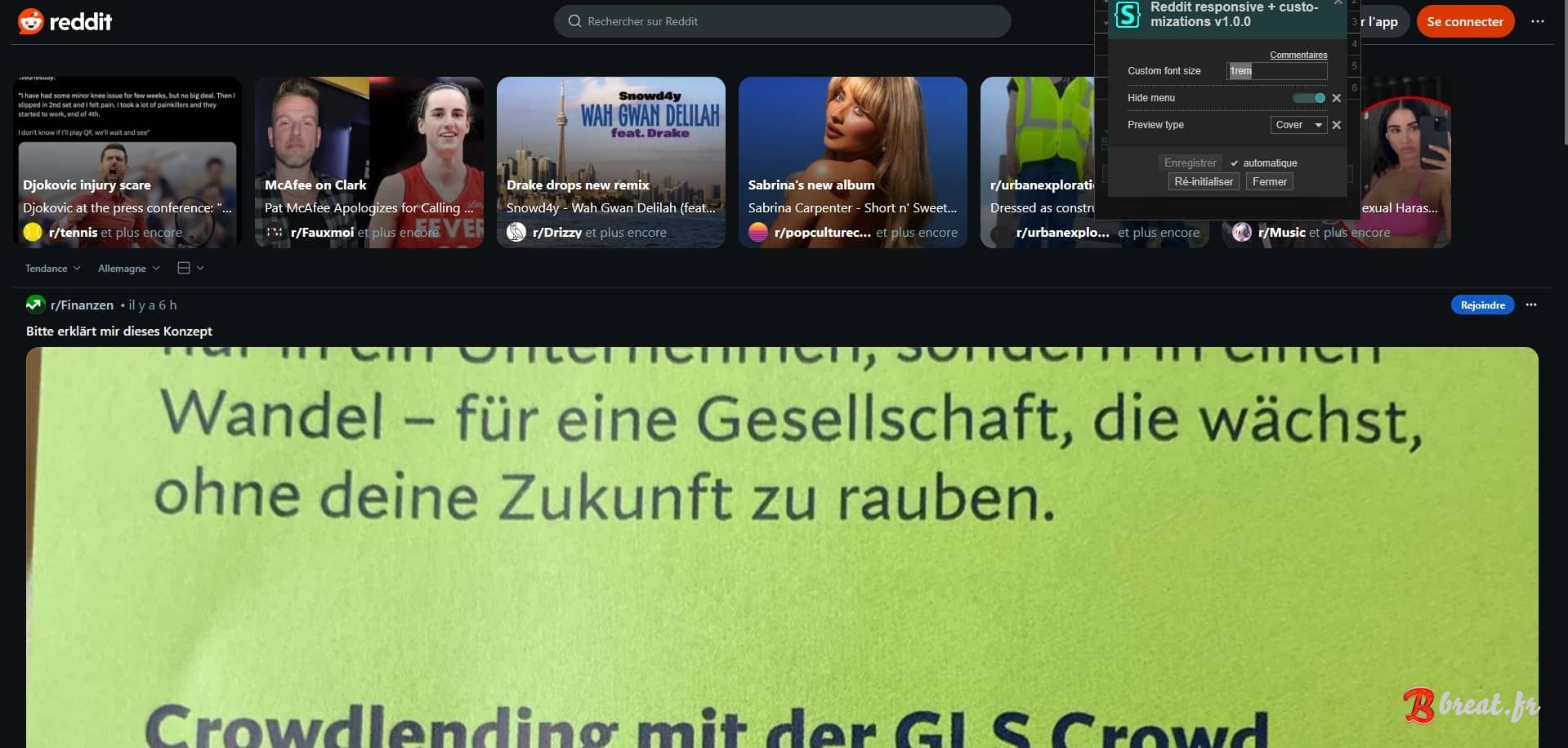 Aperçu du UserStyle pour le site Reddit