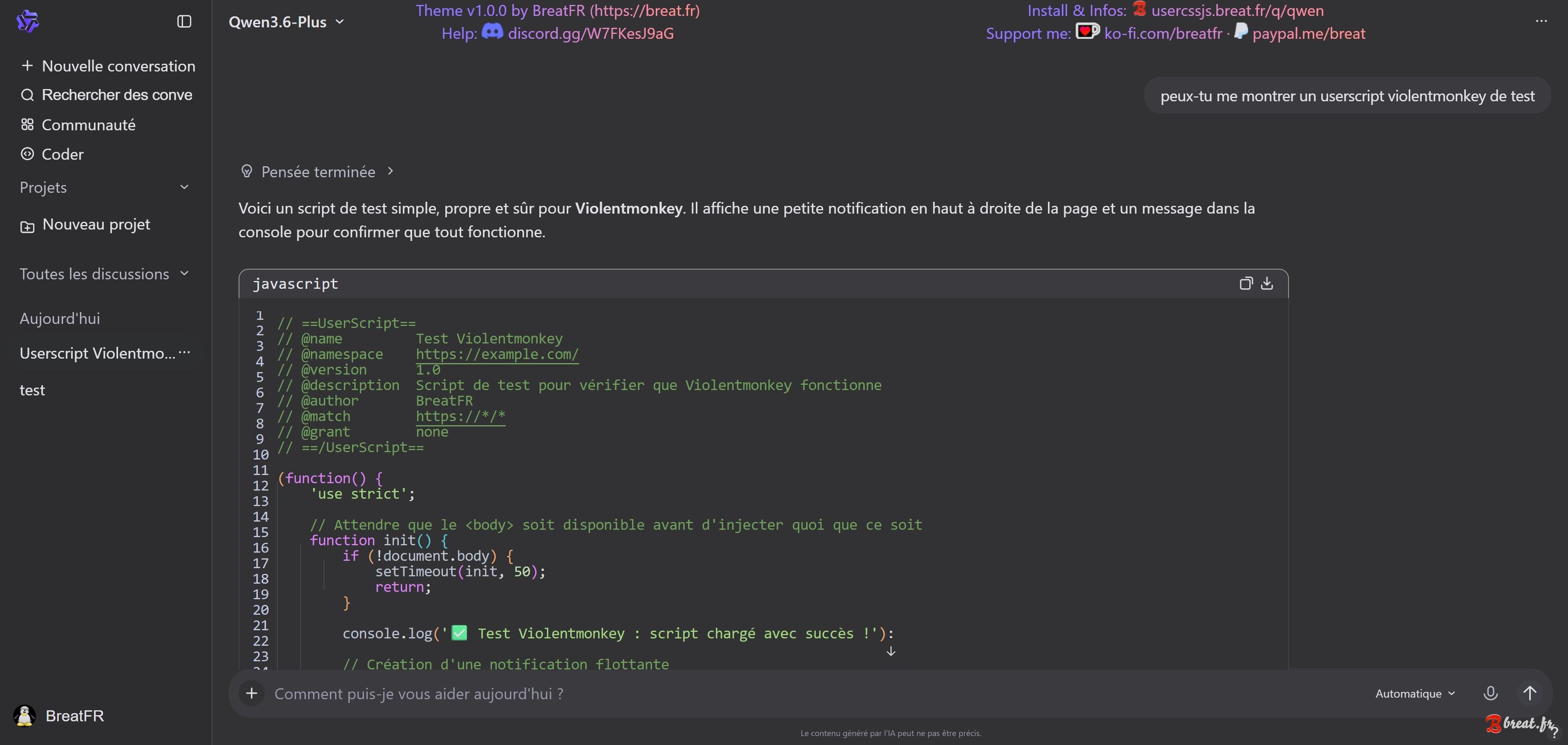 Aperçu du UserStyle pour le site Qwen