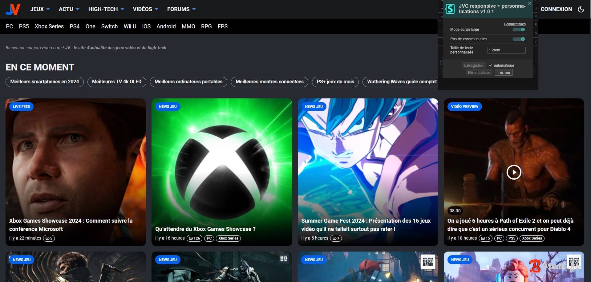 Aperçu du userstyle pour le site Jeuxvideo.com