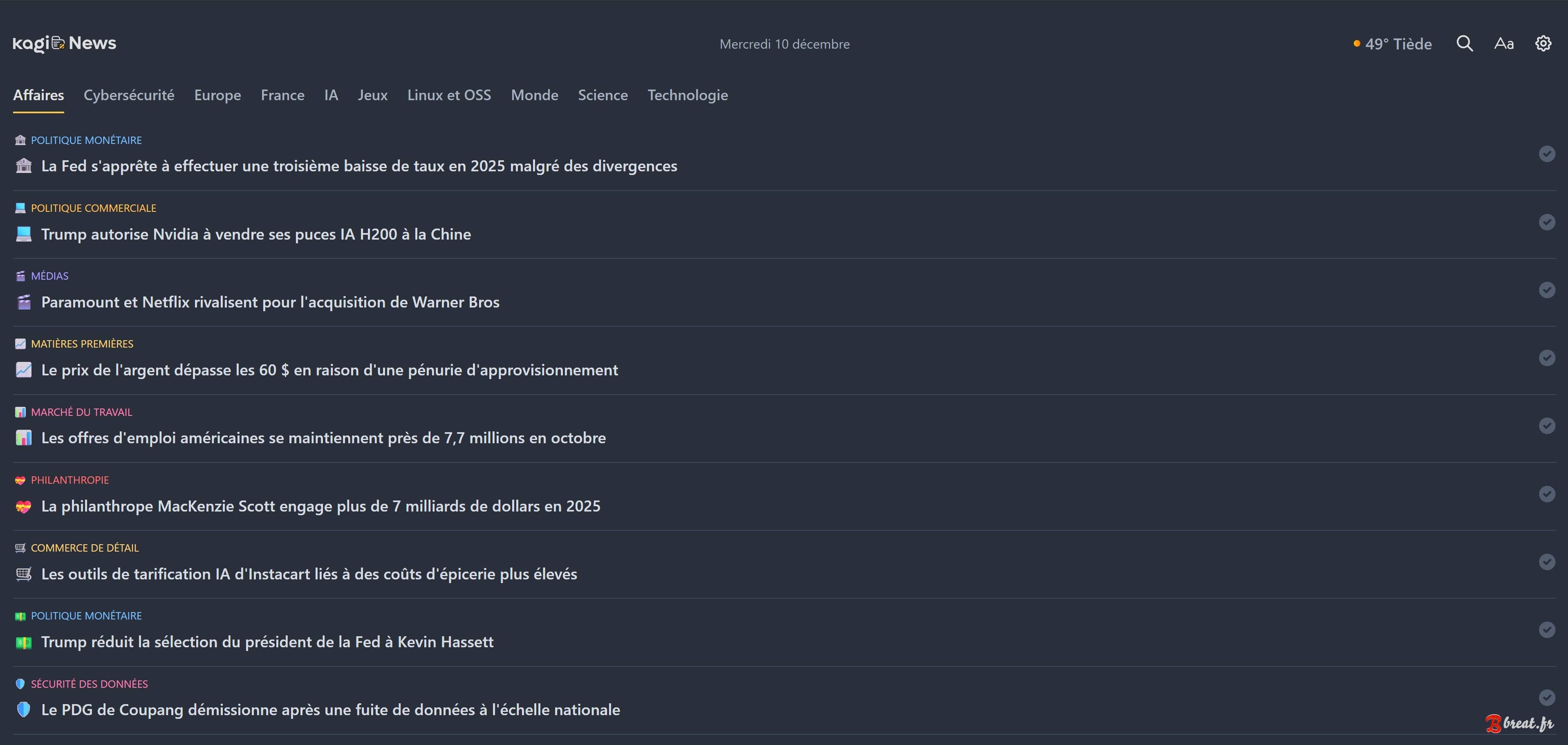 Aperçu du userstyle pour le site Kagi News